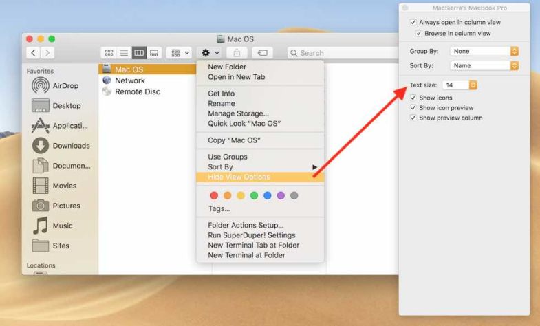 increase decrease text size office for mac